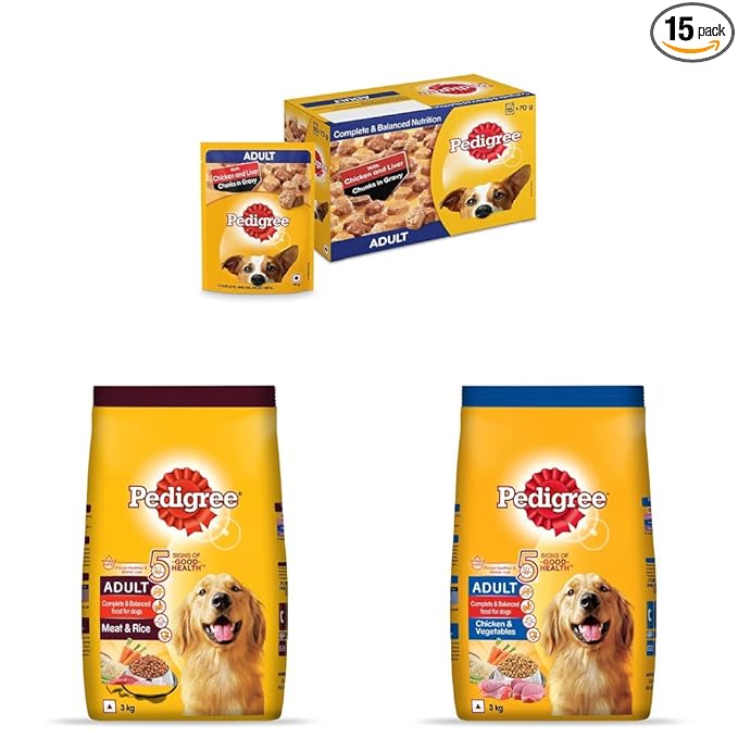 Pedigree Adult Wet Dog Food, Chicken & Liver Chunks in Gravy, 70 g (Pack of 15) & Adult Dry Dog Food, Meat & Rice, 3kg Pack & Adult Dry Dog Food, Chicken & Vegetables, 3kg Pack