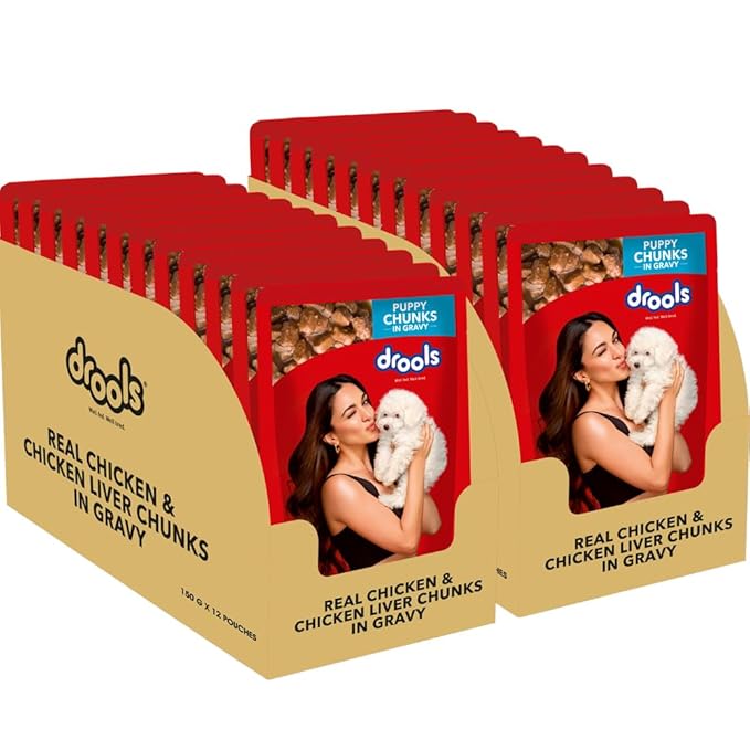 Drools Puppy Wet Dog Food 24 Packs (150g X 24) | Real Chicken and Chicken Liver Chunks in Gravy | Support Immunity | Oral Health | Training and Behaviour