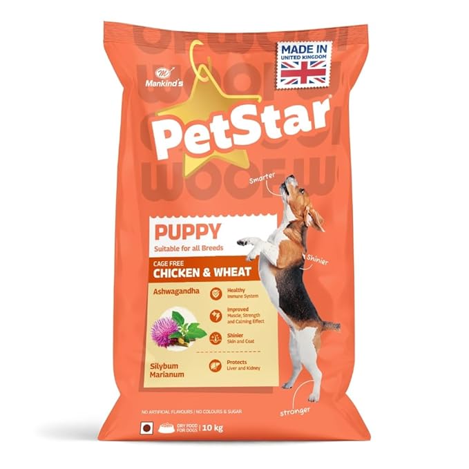 Mankind Petstar Puppy Dry Dog Food (High Protein) Chicken & Wheat Flavor, 10kg | Improves Muscle & Strength, Supports Immunity, Protects Liver & Kidney