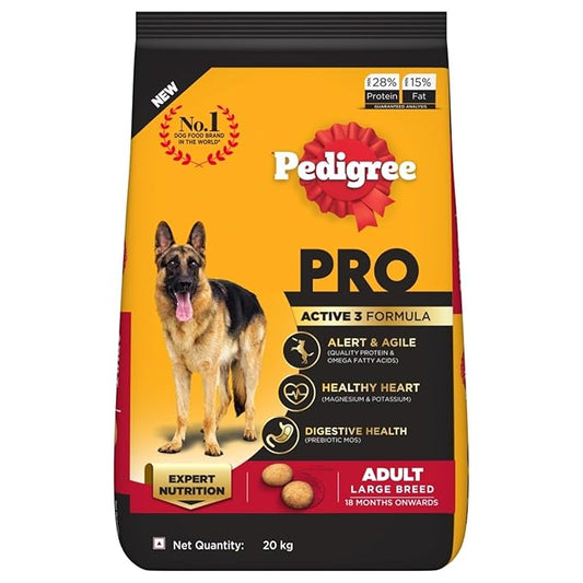 Pedigree PRO Adult Large Breed, 20 kg Dry Dog Food, Vet Trusted Brand, Expert Nutrition, Quality Protein, 33% More Nutrients (18 Months Onwards)
