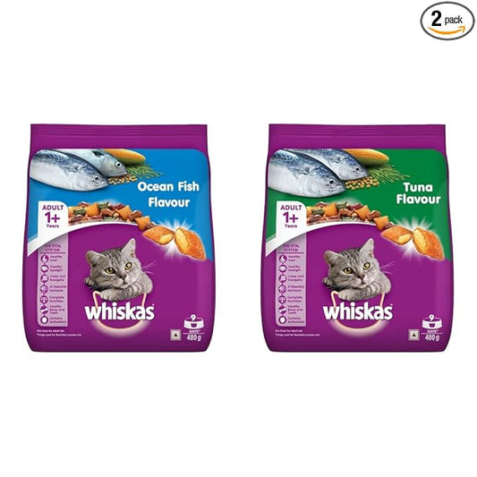Whiskas Adult (+1 Year) Dry Cat Food, Ocean Fish Flavour, 480g Pack & Adult (+1 Year) Dry Cat Food, Tuna Flavour, 480g Pack