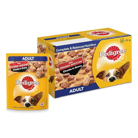 Pedigree Adult Wet Dog Food, Chicken & Liver Chunks in Gravy, 70 g (Pack of 15) & Adult Dry Dog Food, Meat & Rice, 20kg