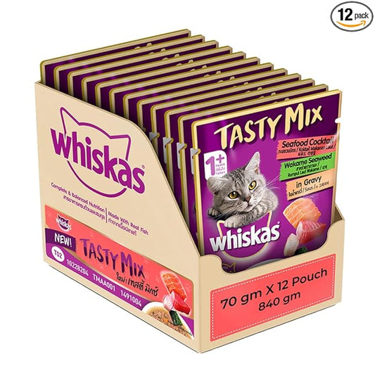 Whiskas Tasty Mix, Adult (1+ Years) Wet Cat Food with Real Fish, Seafood Cocktail Wakame Seaweed in Gravy Flavour, 12 x 70 g Pouches