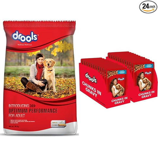 Drools Optimum Performance Adult Dry Dog Food, 20kg&Drools Puppy Wet Dog Food, Real Chicken and Chicken Liver Chunks in Gravy, 24 Pouches (24 x 150g)