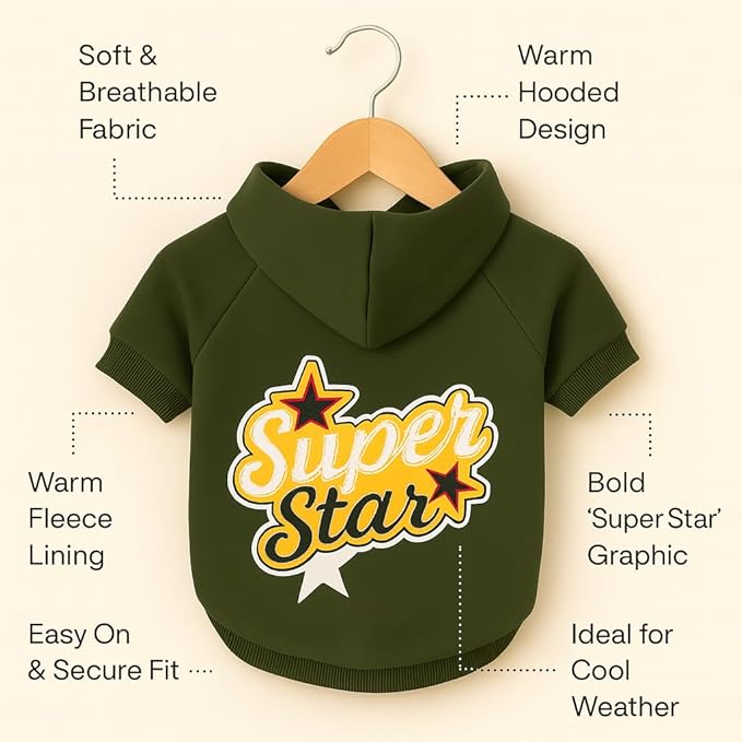 Zigly Lifestyle Super Star Dog Hoodie | Warm & Soft Dog Sweatshirt with Hood | Comfortable Casual Winter Wear for Small, Medium & Large Breeds Size Medium