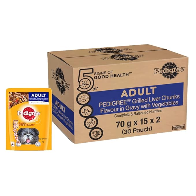 Pedigree Wet Food for Adult Dogs, Grilled Liver Chunks Flavour in Gravy with Vegetables, 30 Pouches (30 X 70 g)&Pedigree Biscrok Biscuit Treats for Dogs (Above 4 Months), Chicken Flavour, 500g Pack