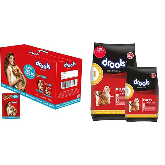 Drools Puppy Wet Dog Food, Real Chicken and Chicken Liver Chunks in Gravy, 15 Pouches (15 x 150g) & Chicken and Egg Puppy Dog Food, 3 kg with Free 1.2 kg