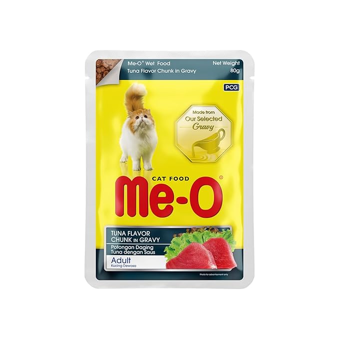 Me-O Pouch CAT Wet Food, Tuna Flavour Chunk in Gravy 80 G, Pack of 12 (80 G X 12, 960 G),Adult