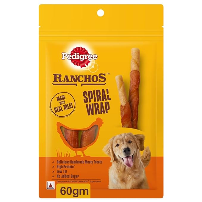 Pedigree Wet Food for Adult Dogs, Grilled Liver Chunks Flavour in Gravy with Vegetables, 30 Pouches (30 X 70 G)& RANCHOS Spiral Wrap Treats for Dog, Chicken & Smoky Lamb Flavour, 60 G