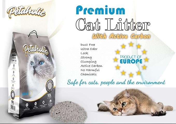 Petaholic Cat Litter (Pack of 2) New Restored Active Carbon for Super Quick Cleaning | Bentonite Clumping Cat Litter with Ultra Odor Control | Safe for Multiple Cats & Kittens (10L + 10L)