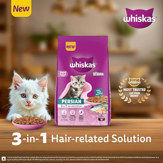 Whiskas Persian Kitten (2-12 Months) Dry Cat Food, 1.1kg, 100% Complete & Balanced Tailor Made Nutrition, Reduces Hairfall, for Healthy Coat & Skin