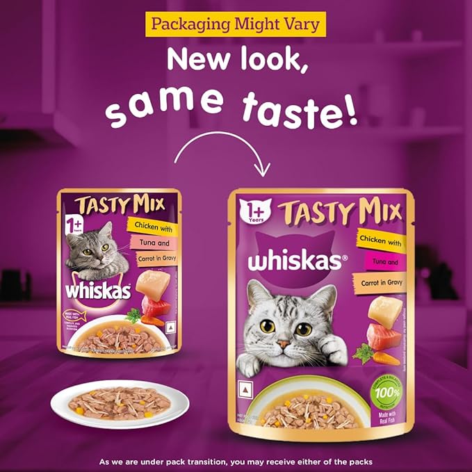 Whiskas Tasty Mix Adult (1+ Year) Wet Cat Food, Chicken with Tuna & Carrot in Gravy, 70 g, Pack of 28| Made with Real Fish| Complete & Balanced Nutrition for Adult Cat