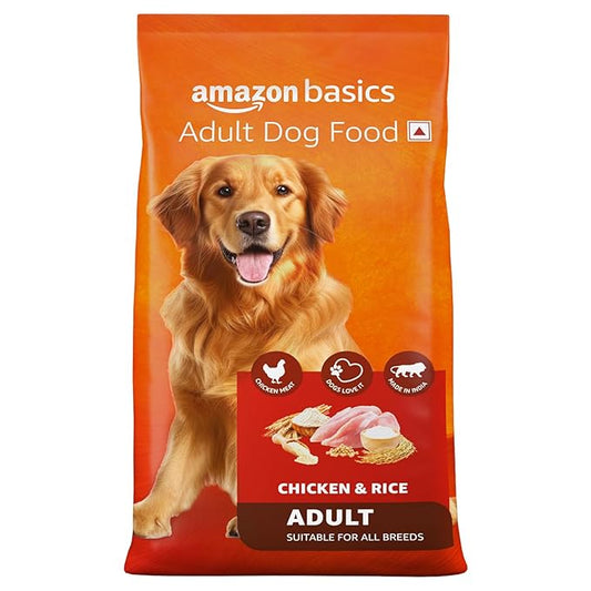 Amazon Basics Dry Dog Food | 10 Kg | Chicken & Rice | with Real Chicken Meat | Kibble for Adult Dogs | Packed with Protein | Suitable for All Breeds