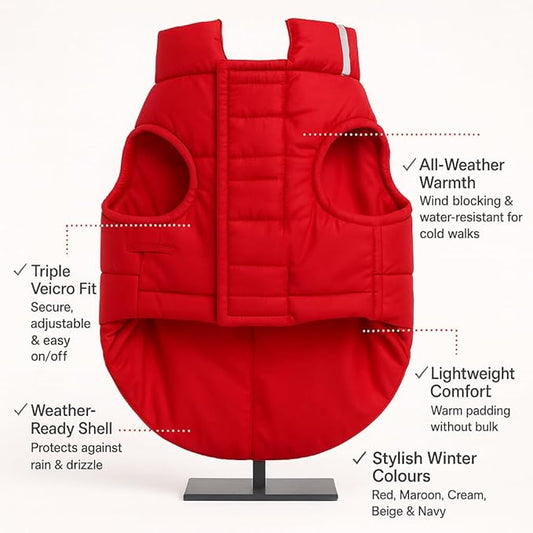 Zigly Lifestyle Cozy Shield Pet Winter Jacket Red | Lightweight, Water-Resistant & Windproof Dog Coat - XS