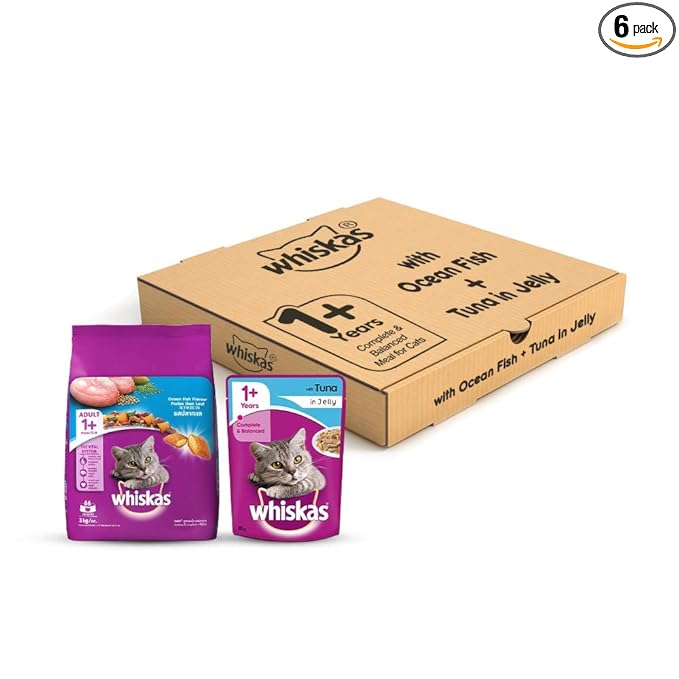 Whiskas Adult Cat Food Combo - Ocean Fish Dry, 3kg + Tuna in Jelly, 85g (6 Pouches)