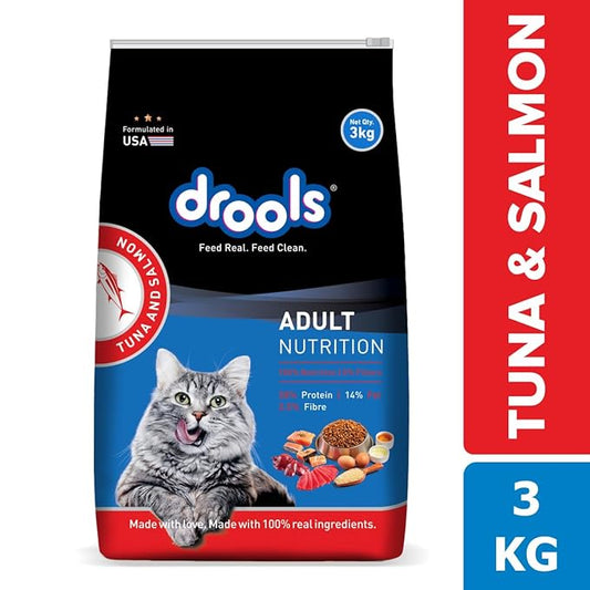 Drools Dry Cat Adult Food 3kg | Tuna & Salmon Flavour | Skin and Coat Health | Provides Better Vision and Shiny Coat | No Artiﬁcial Flavours | Hairball Control