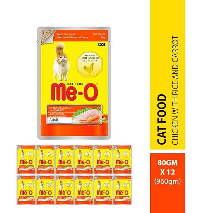 Me-O, Wet Food for Adut Cats, Chicken with Rice & Carrot 80G, Pack of 12 (80G X 12, 960G)