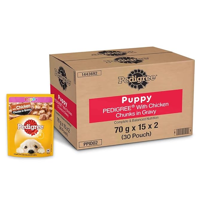 Pedigree Adult Dry Dog Food, Meat & Rice, 10kg Pack & Puppy Wet Dog Food, Chicken Chunks in Gravy, 70 g (Pack of 30)