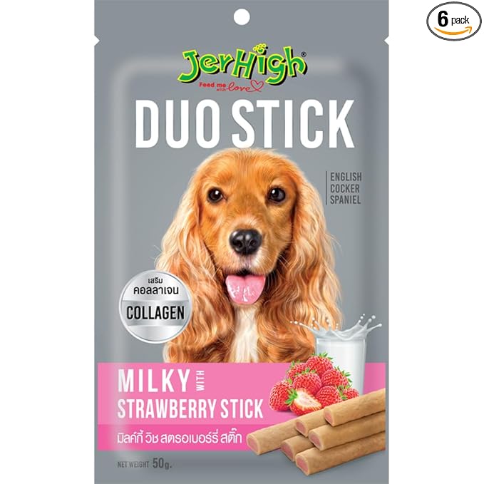 JerHigh Duo Stick Dog Treats, 50 G Pouch, Human Grade Chicken, 100% Authentic Sold by Barkz & Mewz (Pack of 6, Milky Strawberry),All Life Stages