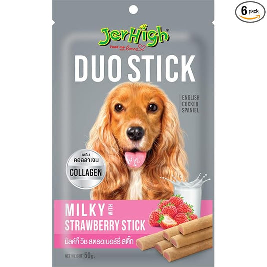 JerHigh Duo Stick Dog Treats, 50 G Pouch, Human Grade Chicken, 100% Authentic Sold by Barkz & Mewz (Pack of 6, Milky Strawberry),All Life Stages