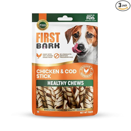 Dog Treats for Adult Dog & Puppy – Healthy Chews Chicken & Cod Fish Jerky for Dogs, Small Dogs & Shih Tzu | Dog Snacks & Puppy Treats – Chicken & Cod Stick (70g) x3
