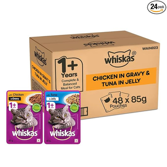 Whiskas Adult (+1 Year) Wet Cat Food, Tuna In Jelly, 24 Pouches (24 X 85G) & Chicken In Gravy, 24 Pouches (24 X 85G), 1 Count