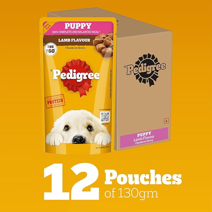 Pedigree Puppy Wet Dog Food, Lamb Flavour Chunks in Gravy, 130 g (Pack of 12), Complete & Balanced Meal for Puppies