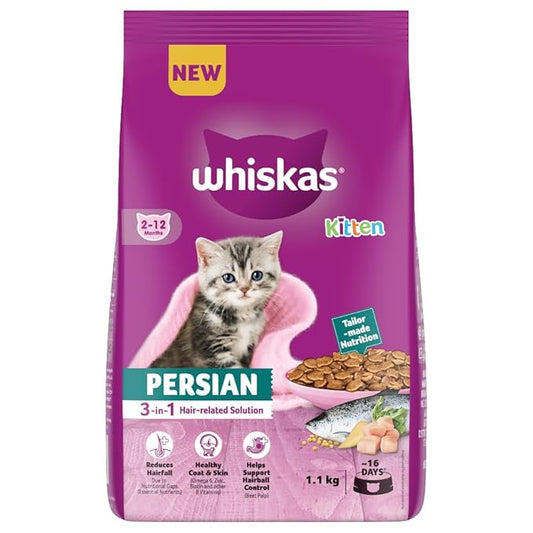 Whiskas Persian Adult (1+ Years) Dry Cat Food, 1.1kg, 100% Complete & Balanced Tailor Made Nutrition, Reduces Hairfall, for Healthy Coat & Skin
