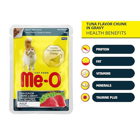 Me-O Pouch CAT Wet Food, Tuna Flavour Chunk in Gravy 80 G, Pack of 12 (80 G X 12, 960 G),Adult