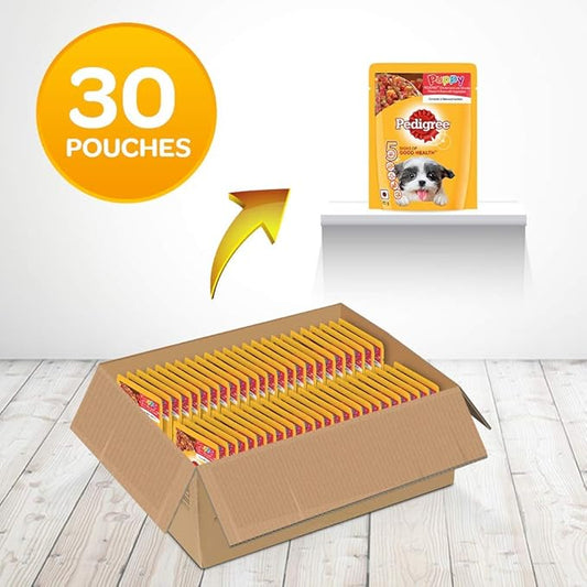 Pedigree Puppy Wet Dog Food, Chicken and Liver Chunks Flavour in Gravy with Vegetables, 30 Pouches (30x70g) & Pedigree Adult Dog Treat Sticks Meat Jerky Stix, Barbeque Chicken, 80 g Pouch