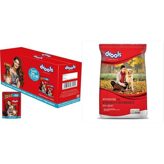 Drools Adult Wet Dog Food, Real Chicken and Chicken Liver Chunks in Gravy, 15 Pouches (15 x 150g) & Optimum Performance Adult Dog Food,10kg