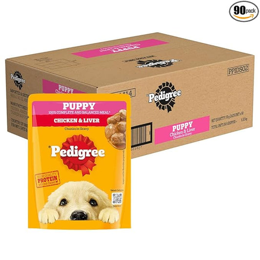 Pedigree Puppy Wet Dog Food, Chicken Chunks in Gravy, 70 g (Pack of 90), Complete & Balanced Meal for Puppies