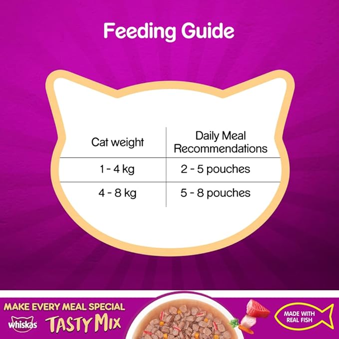 Whiskas Tasty Mix, Adult (1+ Years) Wet Cat Food with Real Fish, Tuna with Kanikama and Carrot in Gravy Flavour, 24 x 70 g Pouches