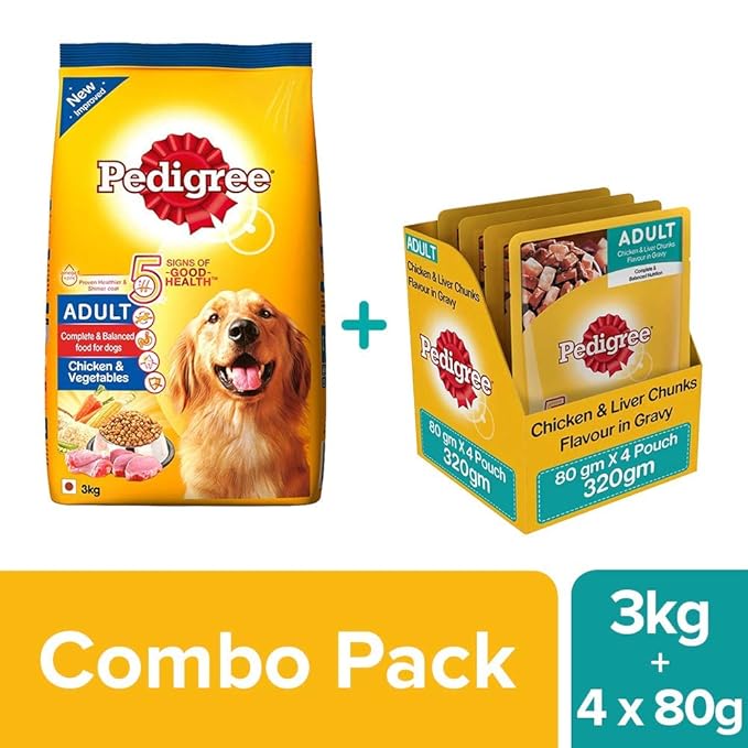 Pedigree Adult Dog Food Combo - Chicken & Vegetables Dry, 3kg + Chicken & Liver Chunks in Gravy, 80g (4 pouches)