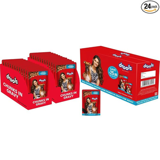 Drools Adult Wet Dog Food, Real Chicken and Liver Chunks in Gravy, 24 Pouches (24 x 150g) & 15 Pouches (15 x 150g)