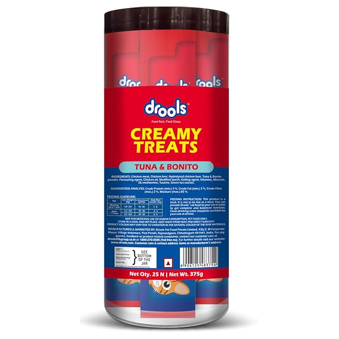 Drools All Life Stages Creamy Lickable Cat Treats 25 Pieces, Pack Total 375g | Tuna & Bonito Flavour | Taurine for Heart and Vision Health | Easy to Hand Feed | Vitamins and Minerals