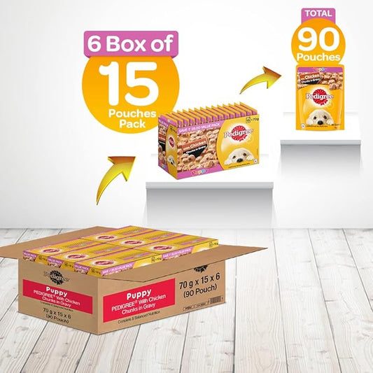 Pedigree Puppy Wet Dog Food, Chicken Chunks in Gravy, 70 g (Pack of 180)