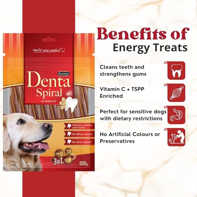 Goodies Dental Spiral Sticks for Dogs – 500g | Long-Lasting Oral Care Chews for All Breeds | Helps Reduce Plaque & Tartar | Supports Fresh Breath & Healthy Gums
