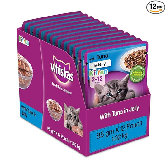 whiskas Kitten Wet Cat Food (2-12 Months), Tuna In Jelly Flavour, 12 Pouches (12 X 85G), 1 Count