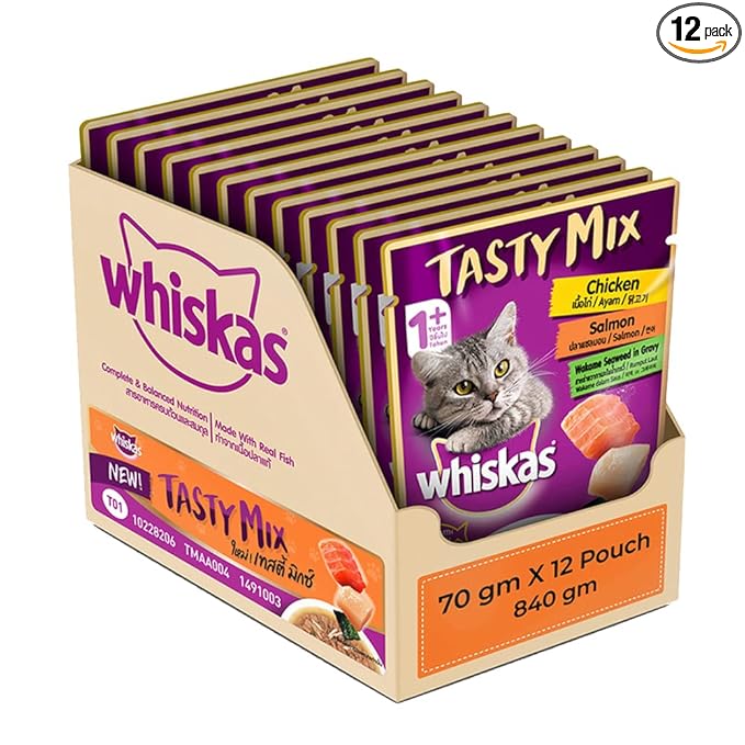 Whiskas Adult (1+ year) Tasty Mix Wet Cat Food Made With Real Fish, Chicken With Salmon Wakame Seaweed in Gravy - Pack of 12 (70g x 12)