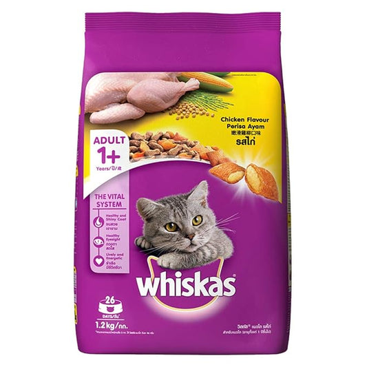 Whiskas Adult (+1 Year) Dry Cat Food, Chicken Flavour, 1.2kg Pack and Adult (+1 Year) Dry Cat Food, Ocean Fish Flavour, 1.2kg Pack