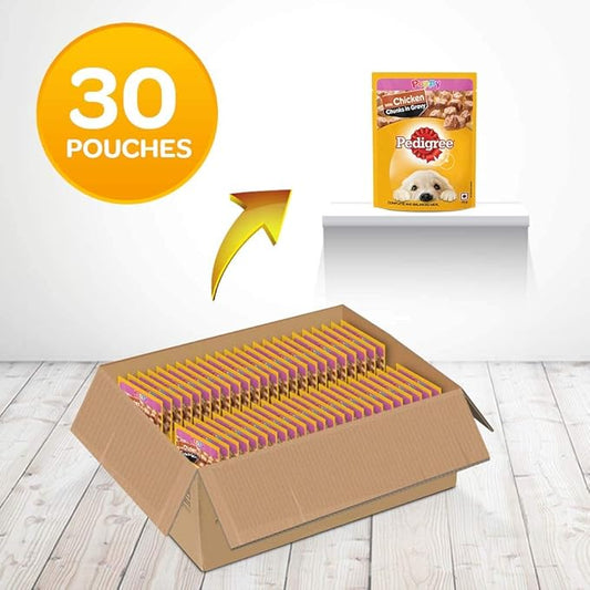 Pedigree Puppy Wet Dog Food, Chicken Chunks in Gravy, 70 g (Pack of 30) & Pedigree All Life Stages Biscrok Biscuits (Above 4 Months), Milk and Chicken Flavor, 900g Pack