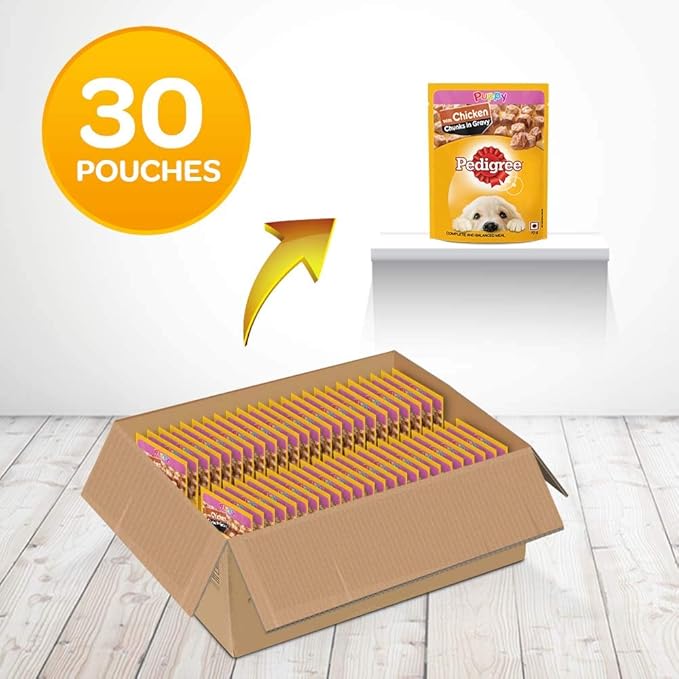 Pedigree Adult Dry Dog Food, Meat & Rice, 10kg Pack & Puppy Wet Dog Food, Chicken Chunks in Gravy, 70 g (Pack of 30)