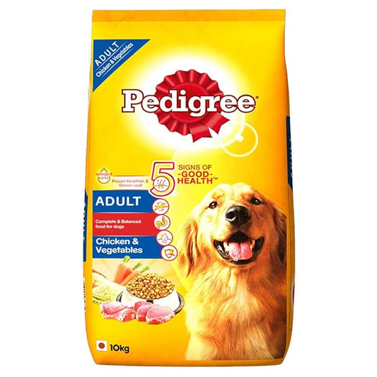 Pedigree Adult Dry Dog Food, Chicken & Vegetables, 10kg Pack & Pedigree Adult Wet Dog Food, Chicken & Liver Chunks in Gravy, 70 g (Pack of 15)