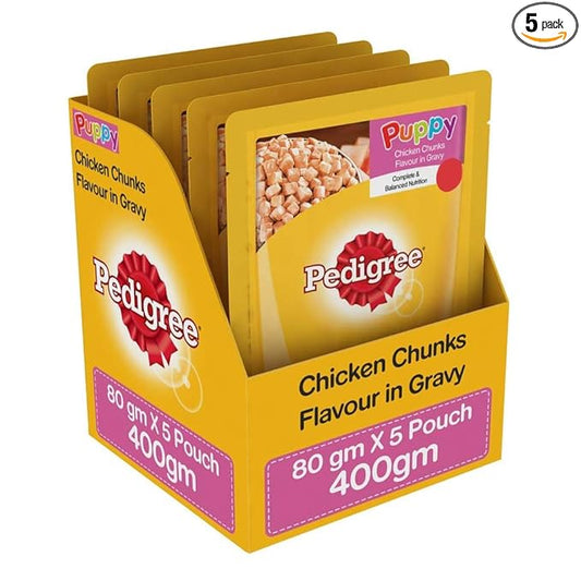 Pedigree Puppy Wet Dog Food, Chicken Chunks In Gravy, 5 Pouches (5 X 80G), 1 Count