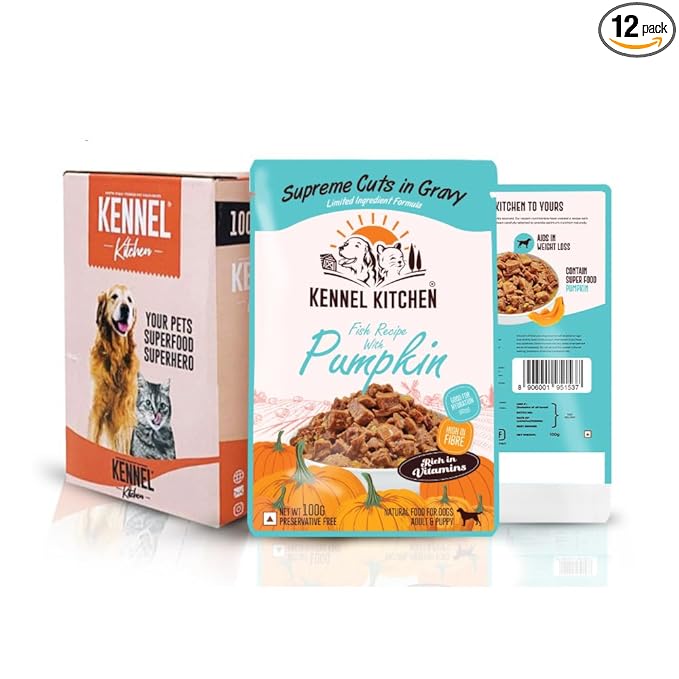 Kennel Kitchen Supreme Cuts in Gravy, Fish Recipe with Pumpkin, 130g (Pack of 12) Wet Dog Food for Adult and Puppy