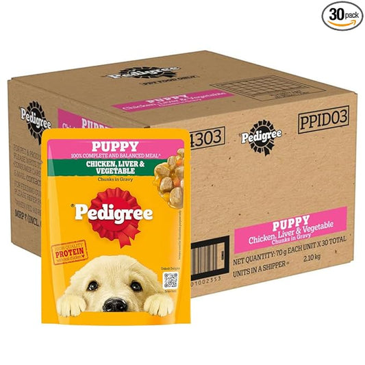 Pedigree Puppy Wet Dog Food, Chicken and Liver Chunks Flavour in Gravy with Vegetables, 70 g (Pack of 30), Complete & Balanced Nutrition for Puppies