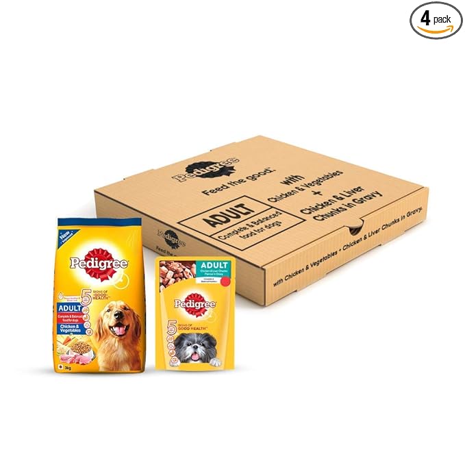 Pedigree Adult Dog Food Combo - Chicken & Vegetables Dry, 3kg + Chicken & Liver Chunks in Gravy, 80g (4 pouches)