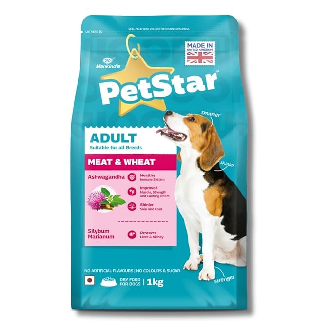 Mankind PetStar Adult Dry Dog Food (High Protein) Meat & Wheat Flavor, 1kg Pack | Improves Muscle & Strength, Supports Immunity, Protects Liver & Kidney