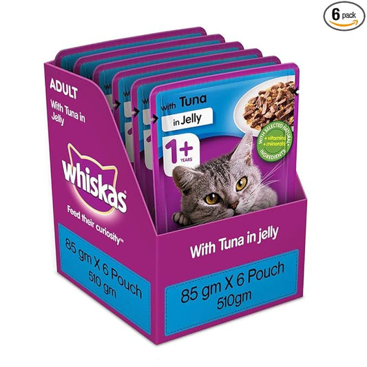 Whiskas Adult (1+ Years) Wet Cat Food, Tuna in Jelly Flavour, 6 x 85 g Pouches